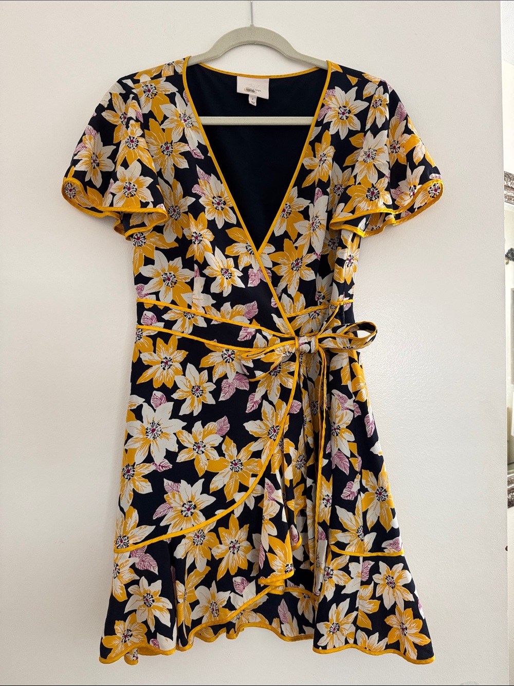 cinq a sept 100% Silk Navy Yellow Floral Wrap Dress